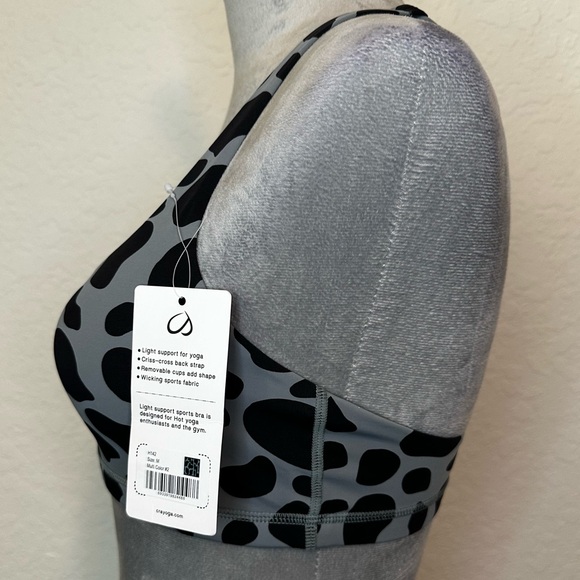 CRZ Yoga Sports Bra Medium Gray Black Animal Print Strappy Back NWT Yoga Gym - Picture 4 of 5